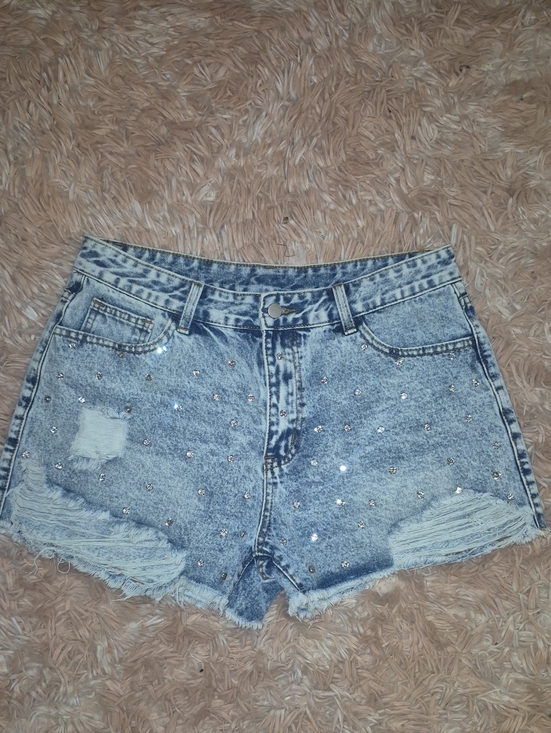 Pants - Light Blue Distressed Rhinestone Denim Shorts -  Women